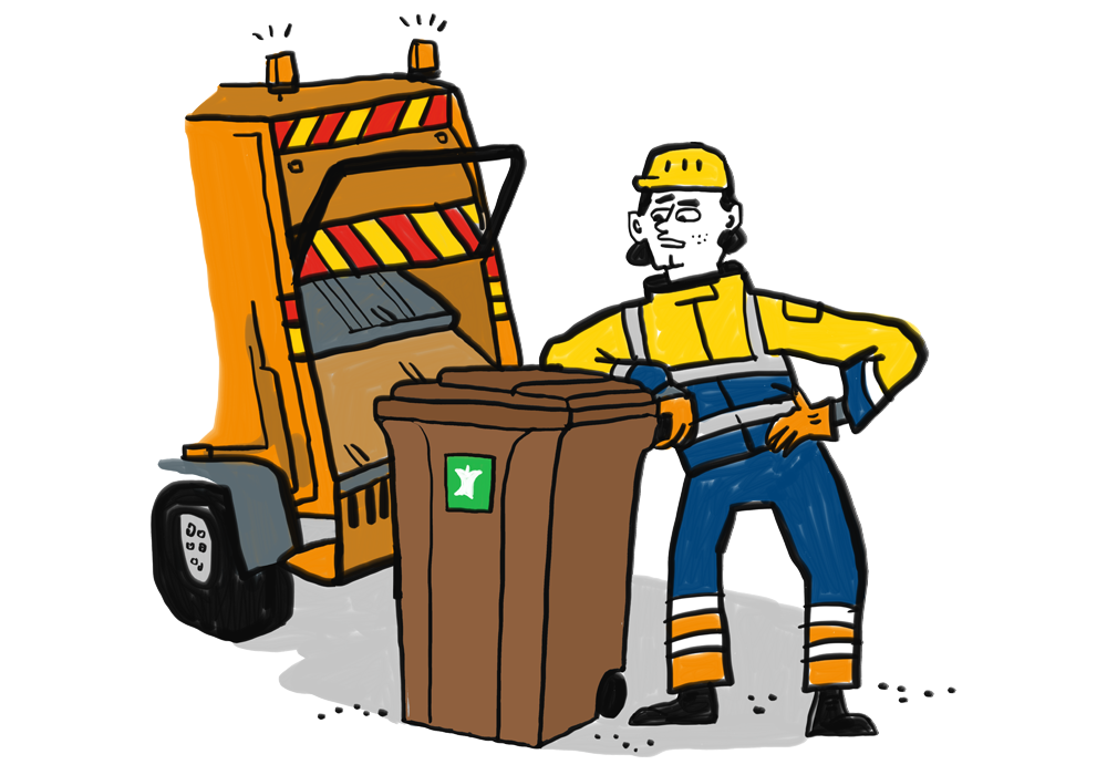 Illustration of a waste collection worker with a brown bin next to a waste collection vehicle.